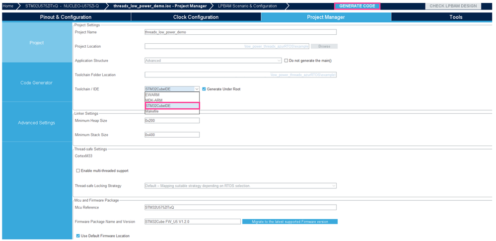Figure 18: Choose “STM32CubeIDE” for Toolchain/ IDE & then click “GENERATE CODE”.