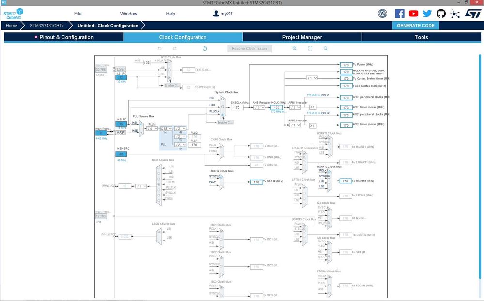 STM32G431CBT6 clock config screen after Import with errors.jpg