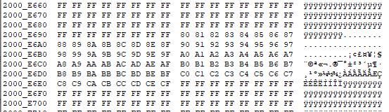 Buffer content after trying to read flash with content 0x00, 0x01, ..., 0xFE, 0xFF