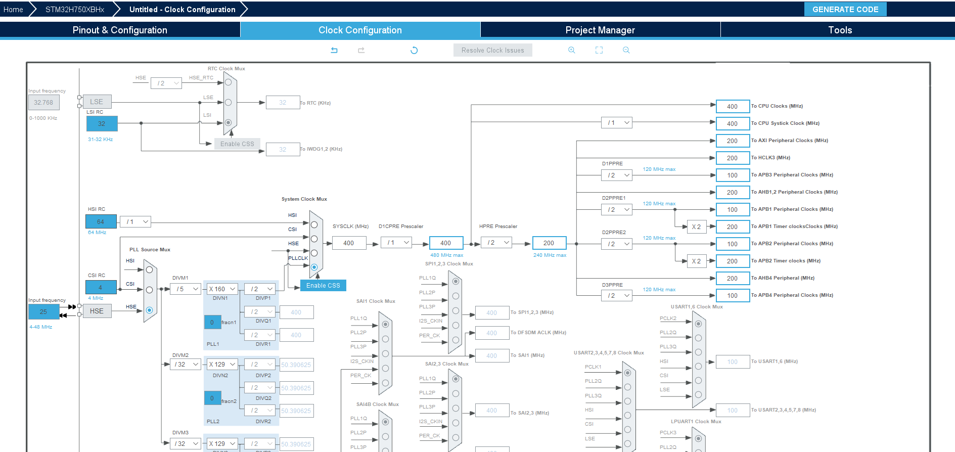 clock setting, STM32H750 - STMicroelectronics Community