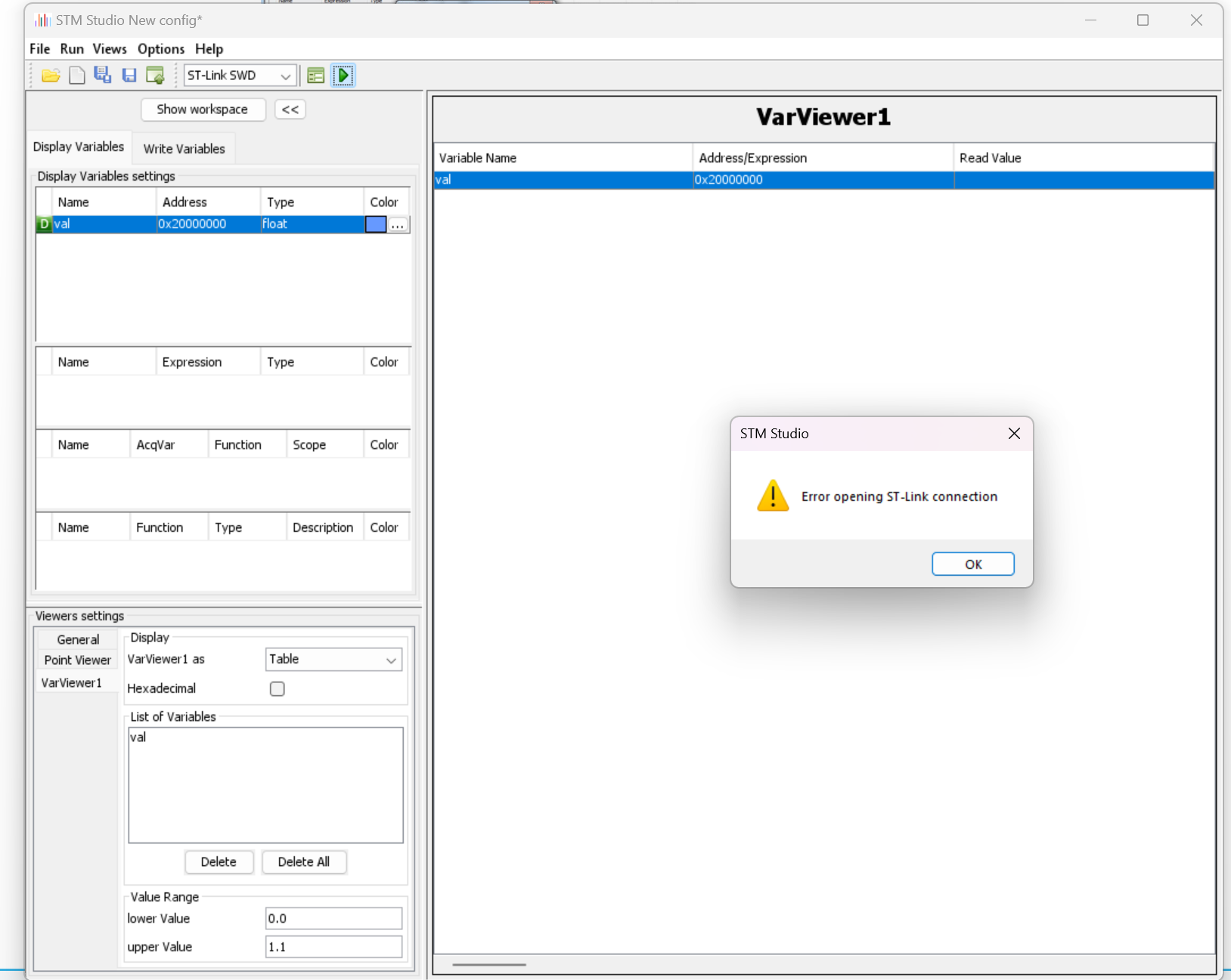 STM Studio Failure opening connection with target ...