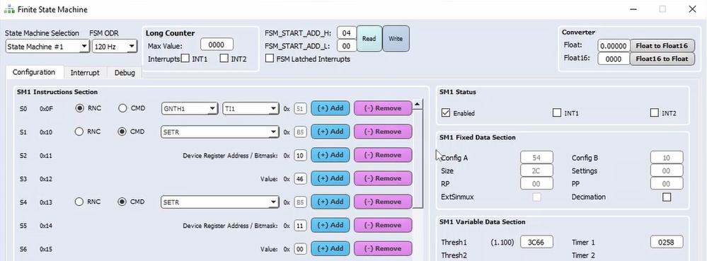 Unico-GUI: FSM - two SETR commands to change the accelerometer power mode and to turn off the gyroscope