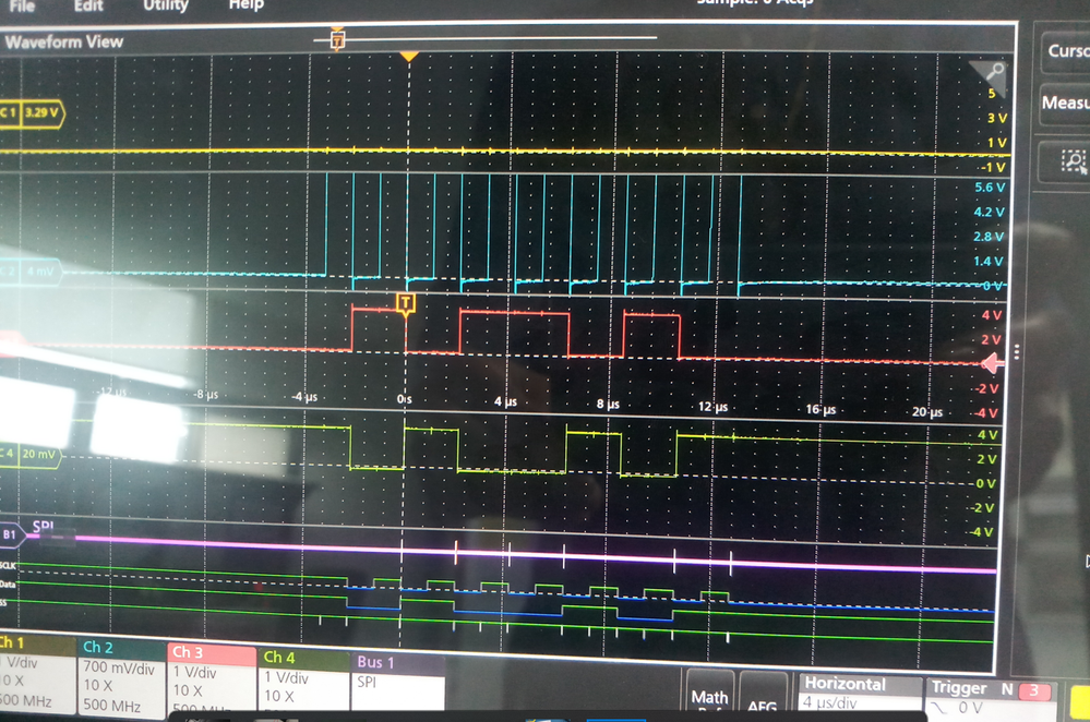 Yellow-ChipSelect, Blue -Clock, Red-MOSI(0x5A), GREEN-MISO(0xA5)