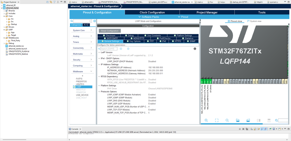 Ethernet configuration for Ping test