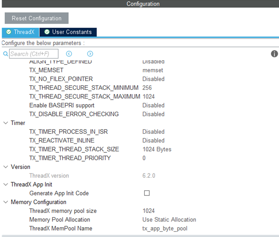 ThreadX configuration