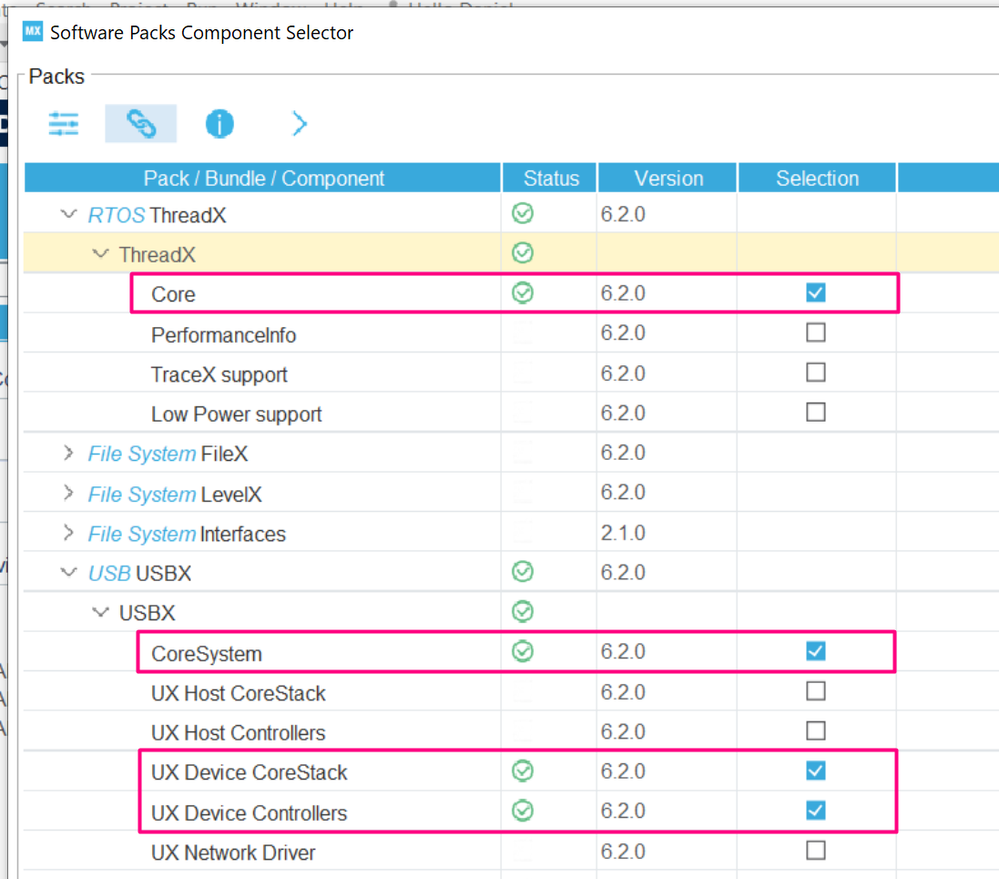 Fig 5. STM32CubeMX - X-CUBE-AZRTOS-H7, ThreadX and USBX settings
