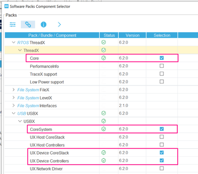 Fig 5. STM32CubeMX - X-CUBE-AZRTOS-H7, ThreadX and USBX settings