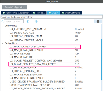 Fig 10. STM32CubeMX - X-CUBE-AZRTOS-H7, USBX Class settings