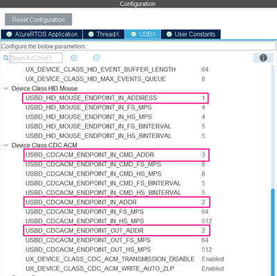 Fig 11. STM32CubeMX - X-CUBE-AZRTOS-H7, USBX Endpoint settings