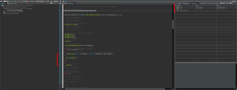 Fig 11. CubeIDE breakpoints & watched expressions - target project