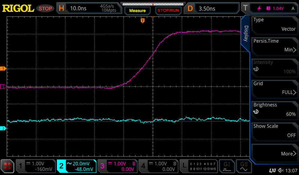 Comp HW output on rising edge with minimum GPIO slew rate (glitch is not visible, but still present inside MCU)