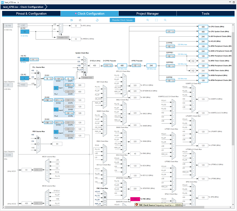 STM32H753, FMC w/ SDRAM selected, overclocking FMC to show max 300 MHz