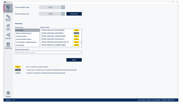 Figure 4: Sensor selection – ProfiMEMS firmware