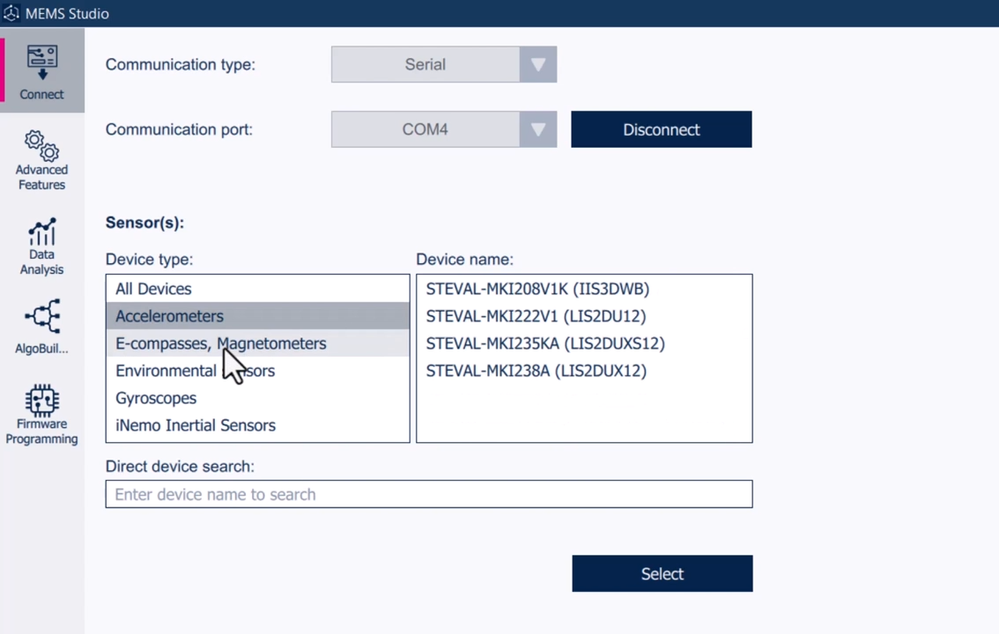 Figure 5: MEMS-Studio - Connect section