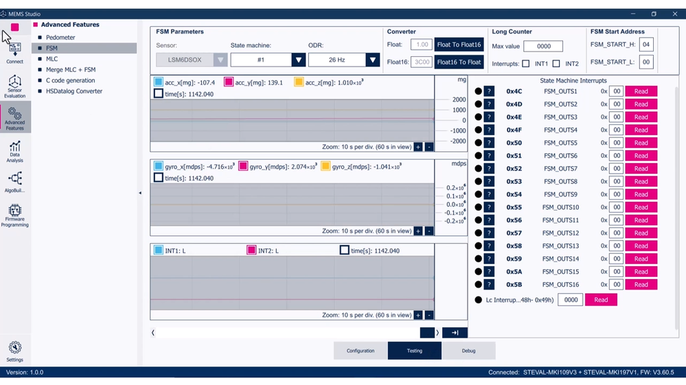 Figure 10: MEMS-Studio - FSM Testing section