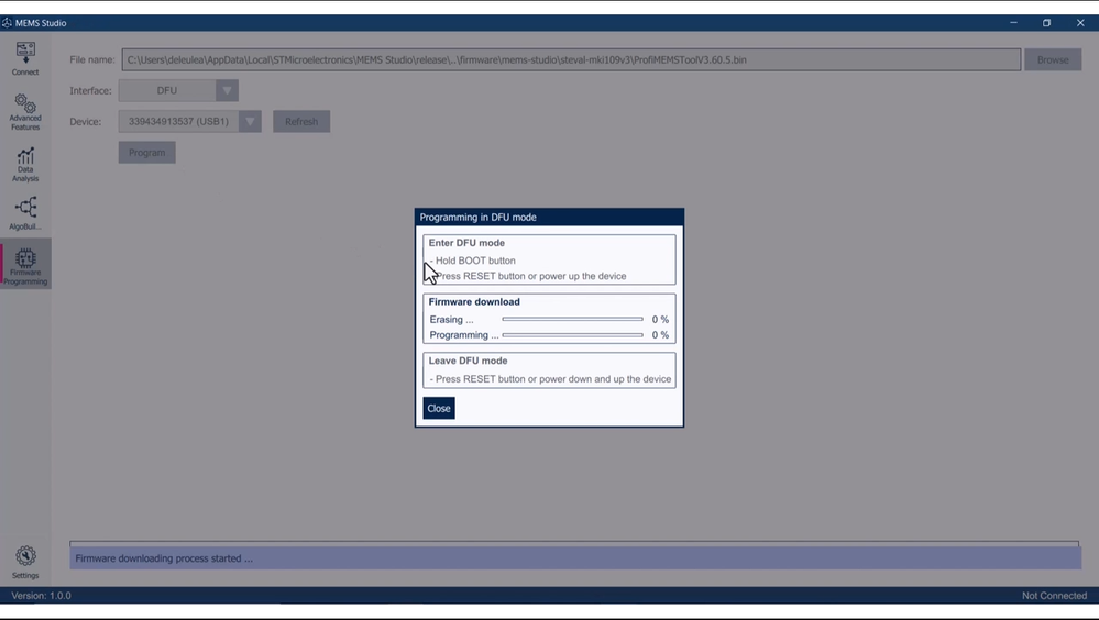 Figure 14: MEMS-Studio - Firmware Programming section