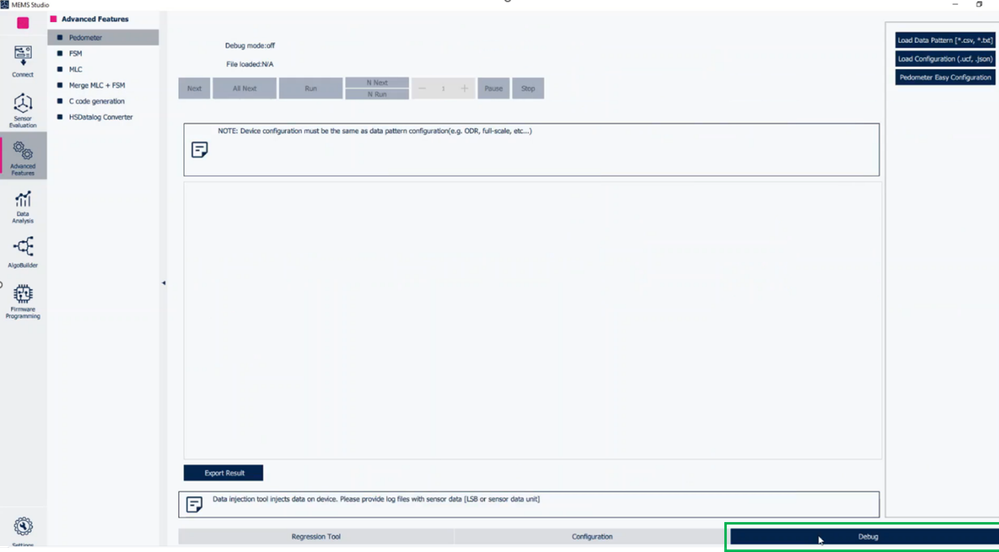 Figure 2: Pedometer - Debug tab