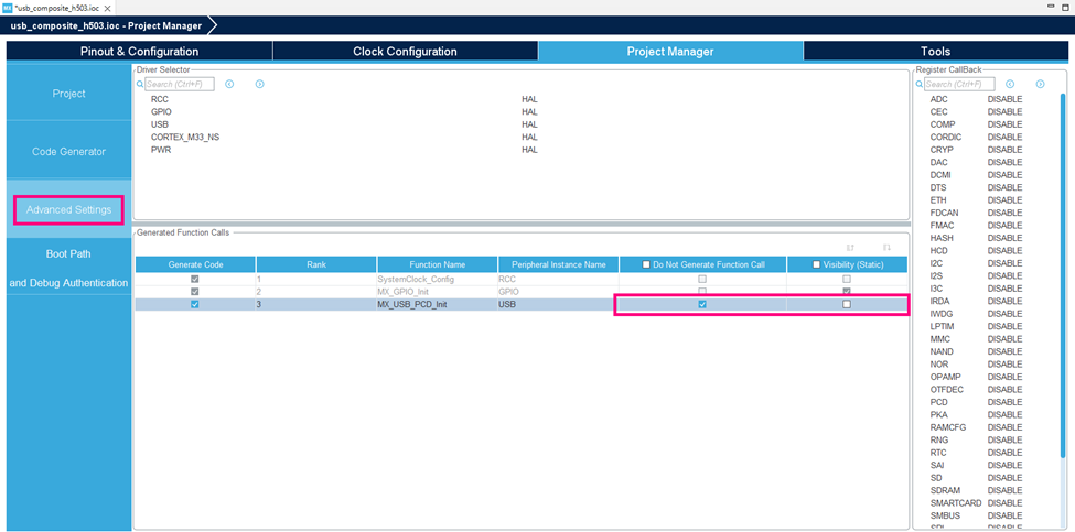 Figure 6. Code generation settings - STM32CubeIDE