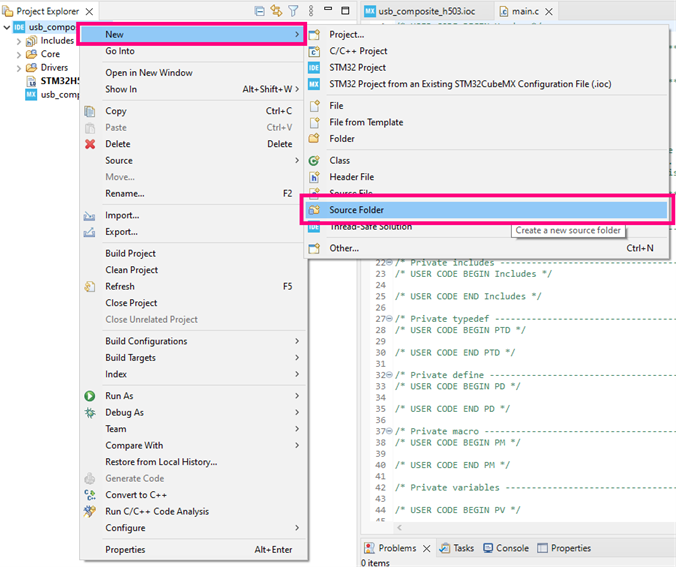 Figure 10. Creating a source folder - STM32CubeIDE