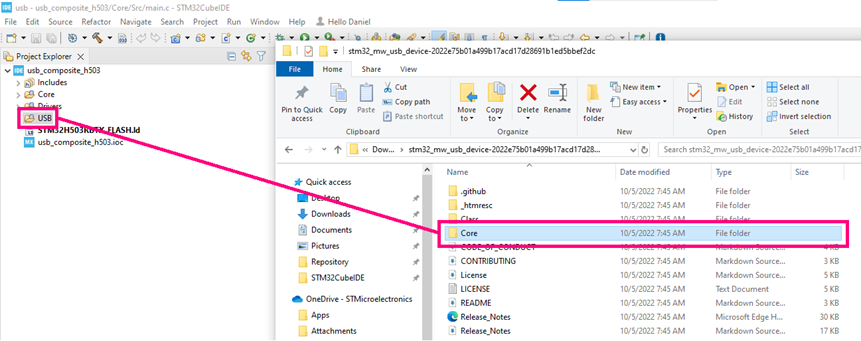 Figure 11. Importing Core folder - STM32CubeIDE