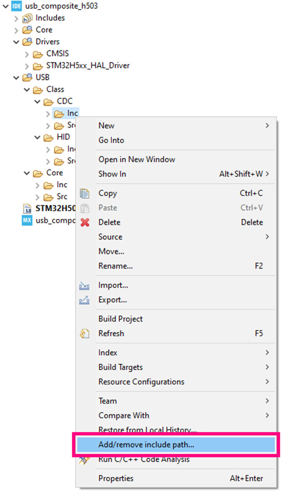 Figure 14. Referencing header files - STM32CubeIDE