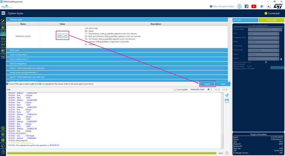 Figure 7. Changing the device RDP -STM32CubeProgrammer