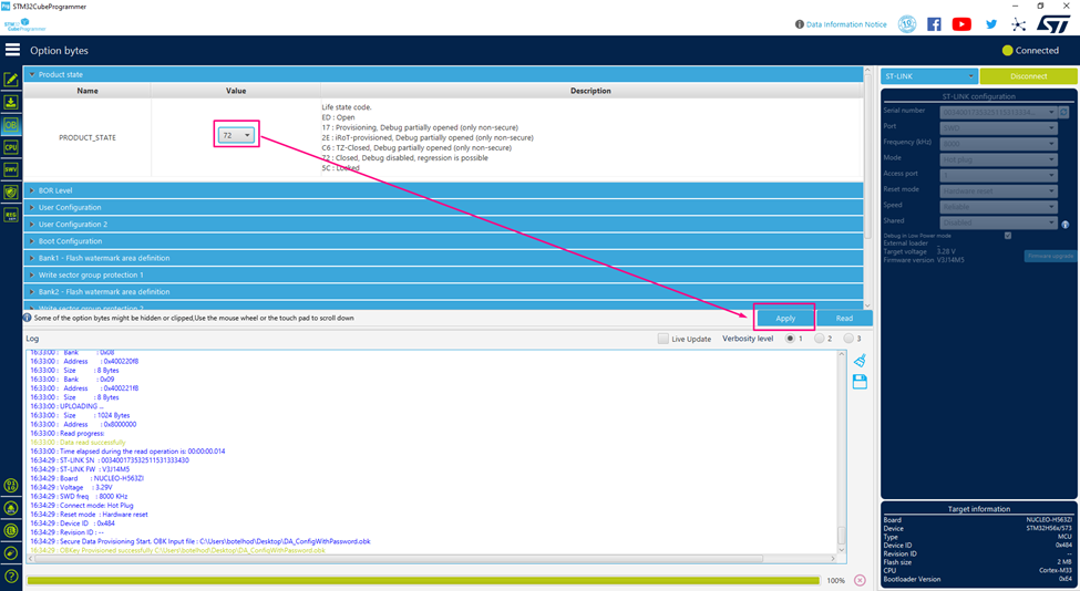 Figure 11. Option Byte update - STM32CubeProgrammer