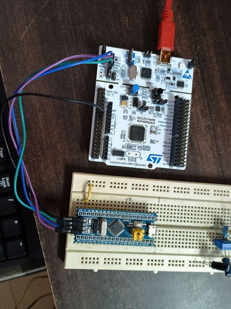 this is the circuit connection of STM32F103C8T6 with STM32F446RE nucleo board debugger.