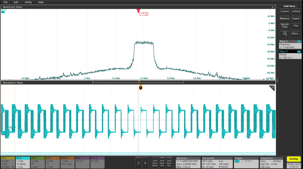 Figure 4. Clock spectrum observation on MCO output with SSCG enabled (wide carrier)