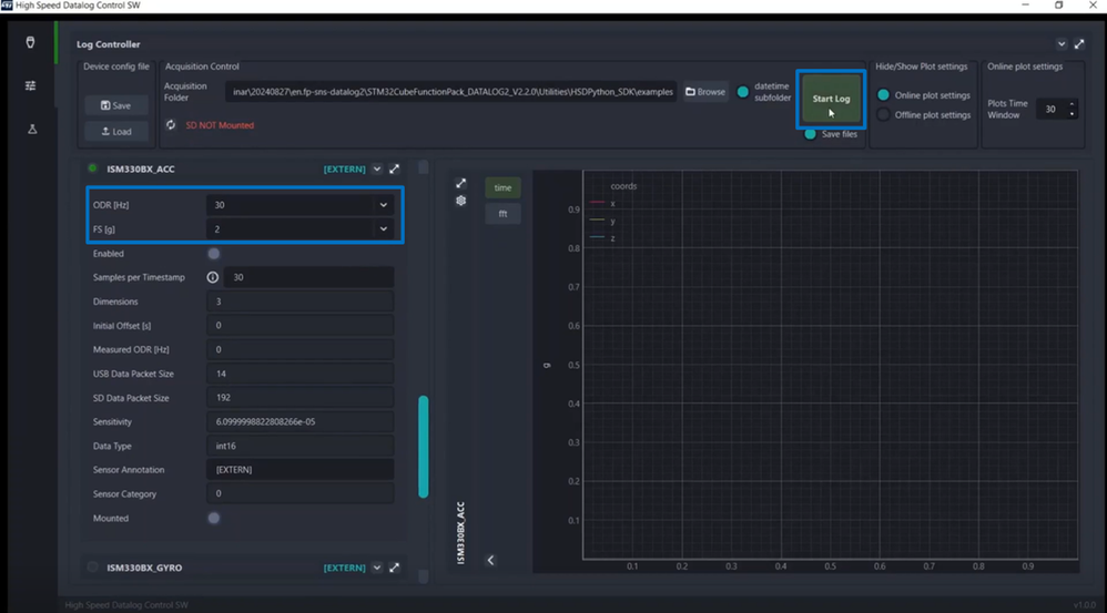 Figure 8: High Speed Datalog GUI – Setting ODR and FS and Start/Stop logging