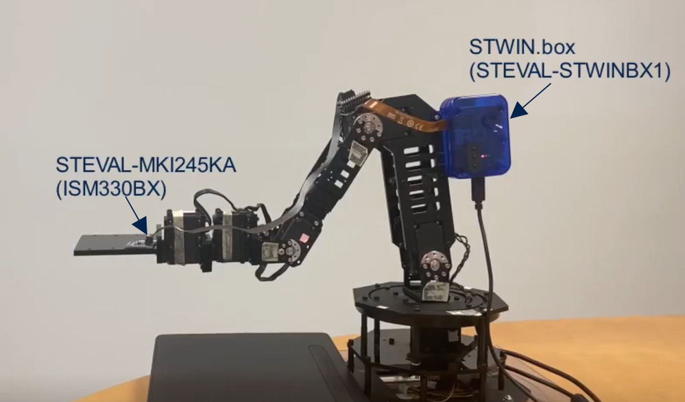 Figure 9: STWIN.box and ISM330BX mounted on a robotic arm for anomaly detection