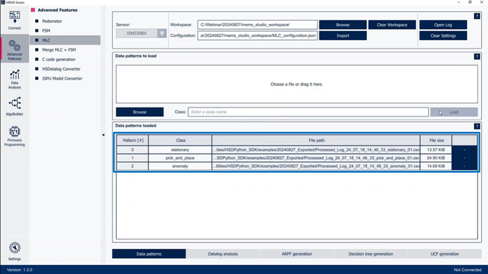 Figure 4: In the MLC tool of MEMS-Studio, the three files generated can be imported with their label