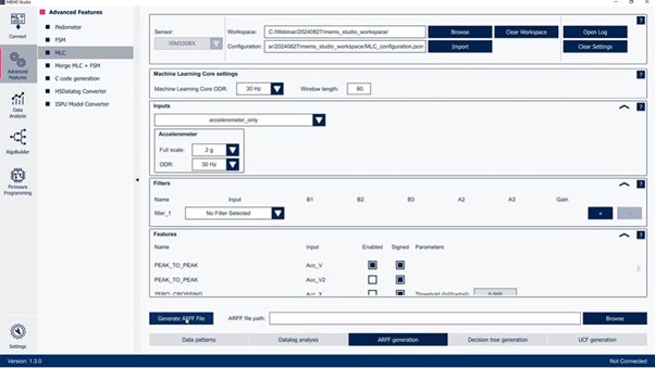 Figure 5: In the MLC tool of MEMS-Studio, the manual configuration of the machine learning core parameters like inputs, window features and so on is performed