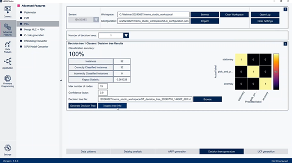 Figure 6: In the MLC tool of MEMS-Studio, the decision tree can be generated and the user can also visualize its info