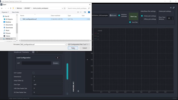 Figure 8: The .ucf file generated by MEMS-Studio can be imported in the High Speed Datalog GUI to test it with real time data