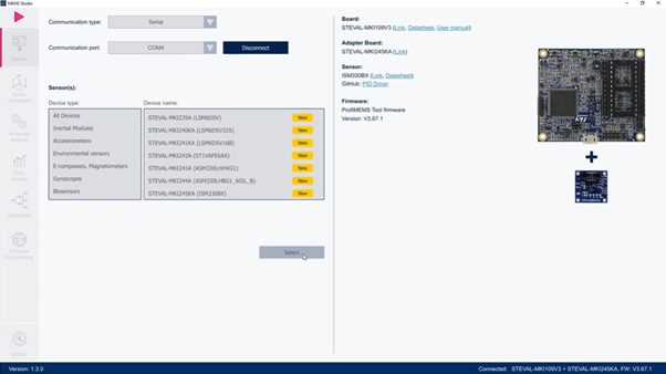 Figure 12: MEMS-Studio can be used also for evaluation with the compatible boards, for instance the Professional MEMS tool board