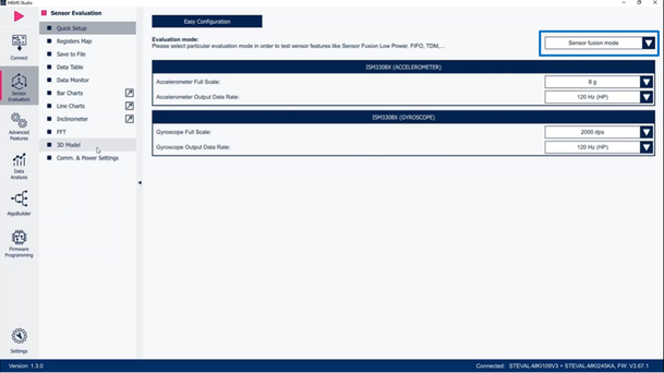 Figure 13: In the Quick Setup section of MEMS-Studio, ISM330BX can be easily configured and the evaluation mode can be changed to sensor fusion