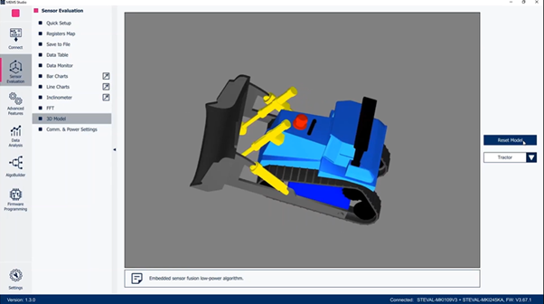 Figure 14: In the 3D model section of MEMS-Studio, the sensor fusion low power running on ISM330BX can be evaluated