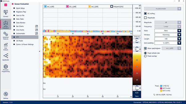 Figure 15: In FFT section of MEMS-Studio, the Fast Fourier transform of the data coming from the accelerometer and gyroscope of ISM330BX can be evaluated