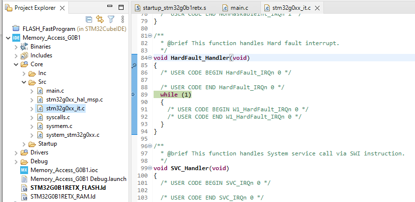 Figure 4 – Hard Fault in the Arm-M0+ after misalignment in FLASH access