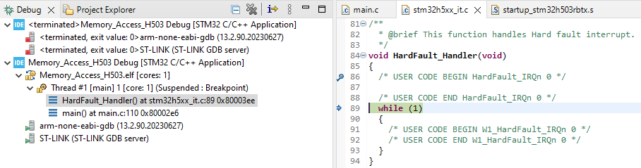 Figure 7 – Hard Fault in the Arm-M33 after misalignment in FLASH access