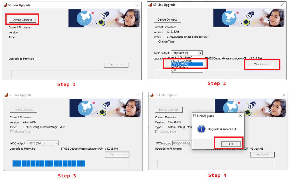 Figure 4. Using ST-LINK firmware upgrade tool to modify the MCO frequency