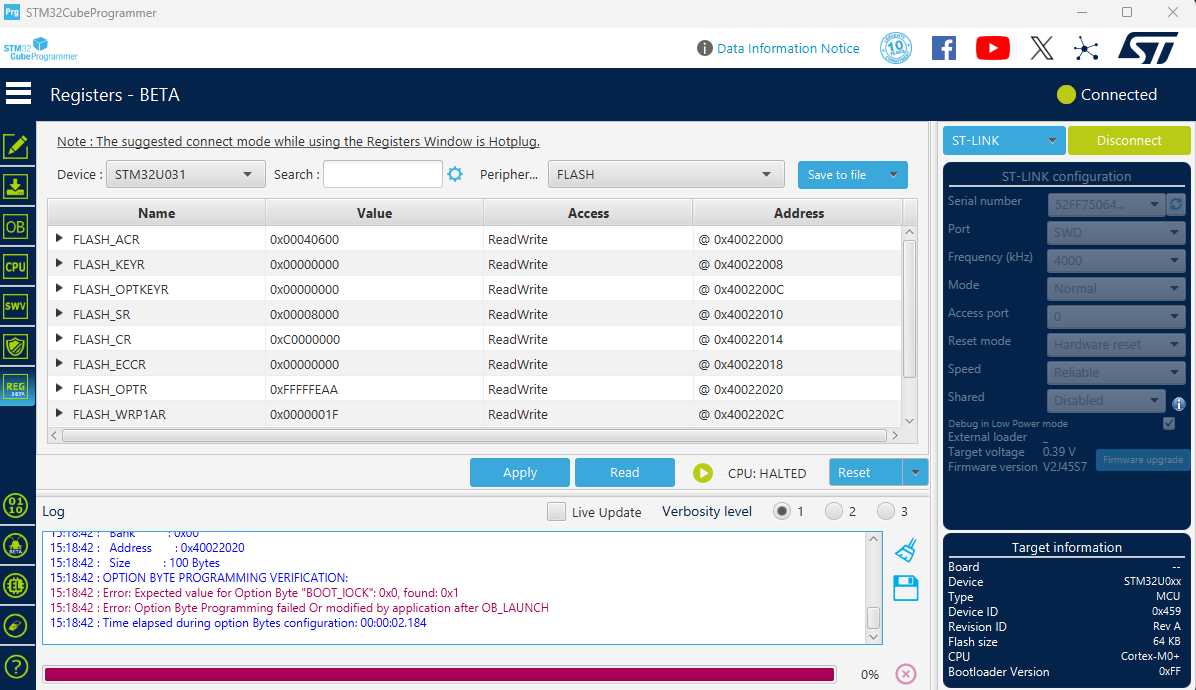 Solved: STM32U0 Attempting to reach RDP level 1, stuck at ... -  STMicroelectronics Community