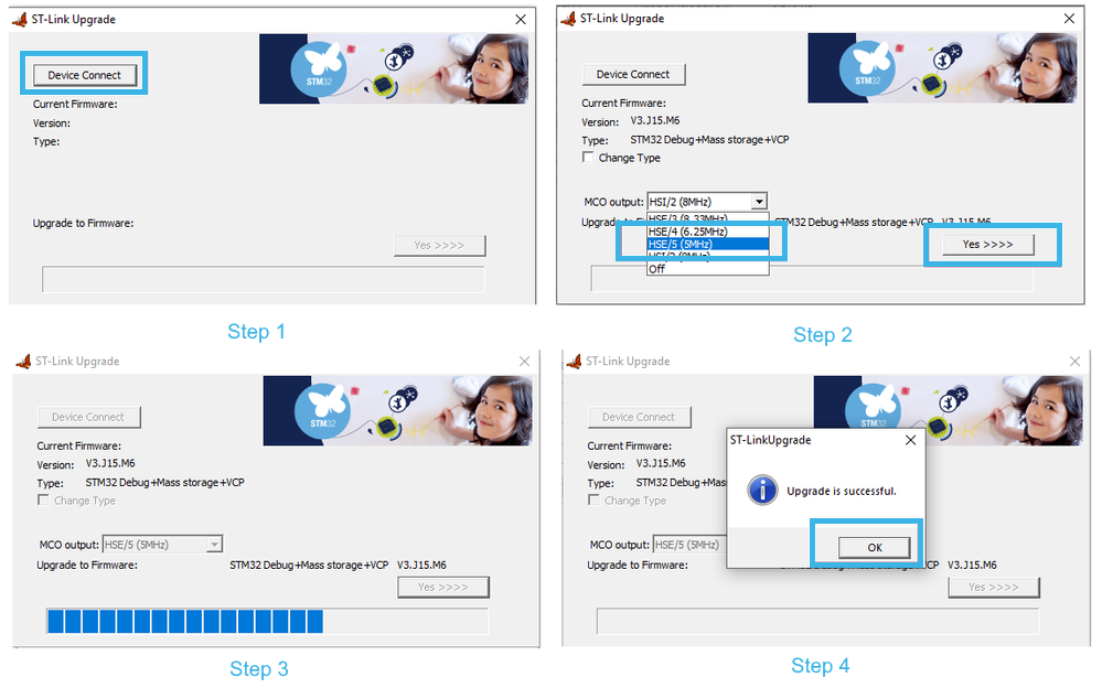 Figure 4. Using ST-LINK firmware upgrade tool to modify the MCO frequency