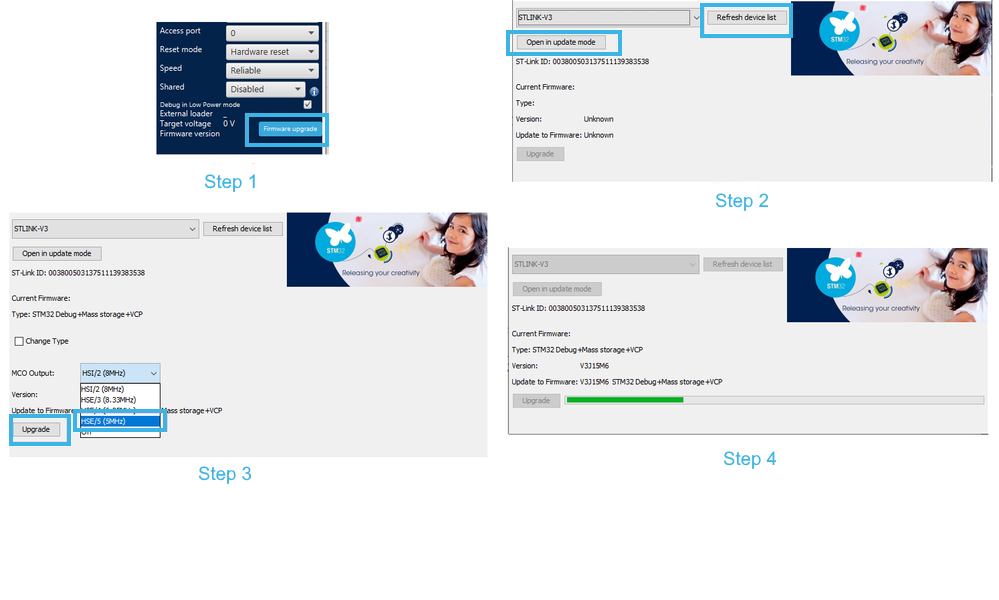 Figure 5. Using STM32CubeProgrammer tool to modify the MCO frequency