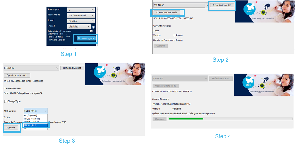 Figure 5. Using STM32CubeProgrammer tool to modify the MCO frequency