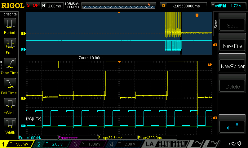 Fig. 2: Last two bytes before initialization failure.  Lower SDA voltage is (I think) rangefinder ACK. Yellow: SDA, Cyan: SCL