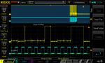 Fig. 2: Last two bytes before initialization failure.  Lower SDA voltage is (I think) rangefinder ACK. Yellow: SDA, Cyan: SCL