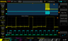 Fig. 2: Last two bytes before initialization failure.  Lower SDA voltage is (I think) rangefinder ACK. Yellow: SDA, Cyan: SCL