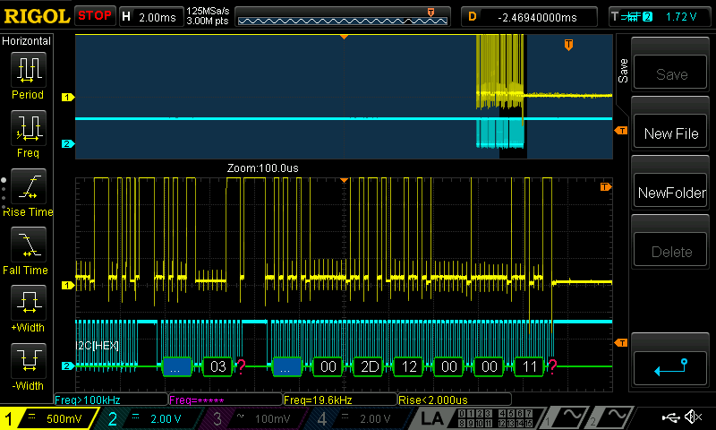 Fig. 1: Failed rangefinder initialization. Yellow: SDA, Cyan: SCL